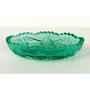 Dalzell Viking Glass Dish Teal Green Sawtooth Flowers Stars with Label READ !!!
